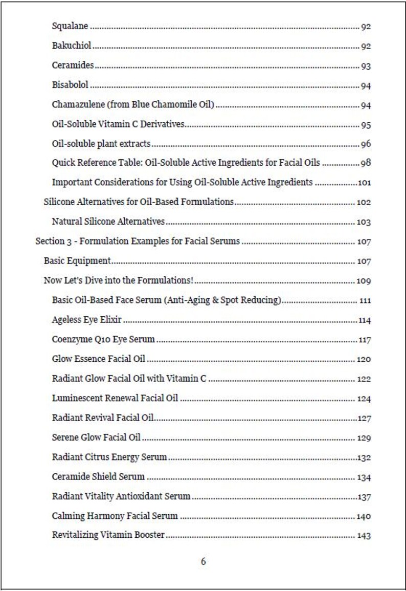Close-up image of the eBook’s Table of Contents featuring chapters on carrier oils for different skin needs, substitution guidance and beginner-friendly formulation lessons.