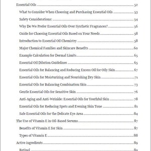 Table of Contents page from the Science-Backed Facial Oil Serums eBook, listing topics such as safety considerations, natural oils, fatty acids, skin types and formulation tips.