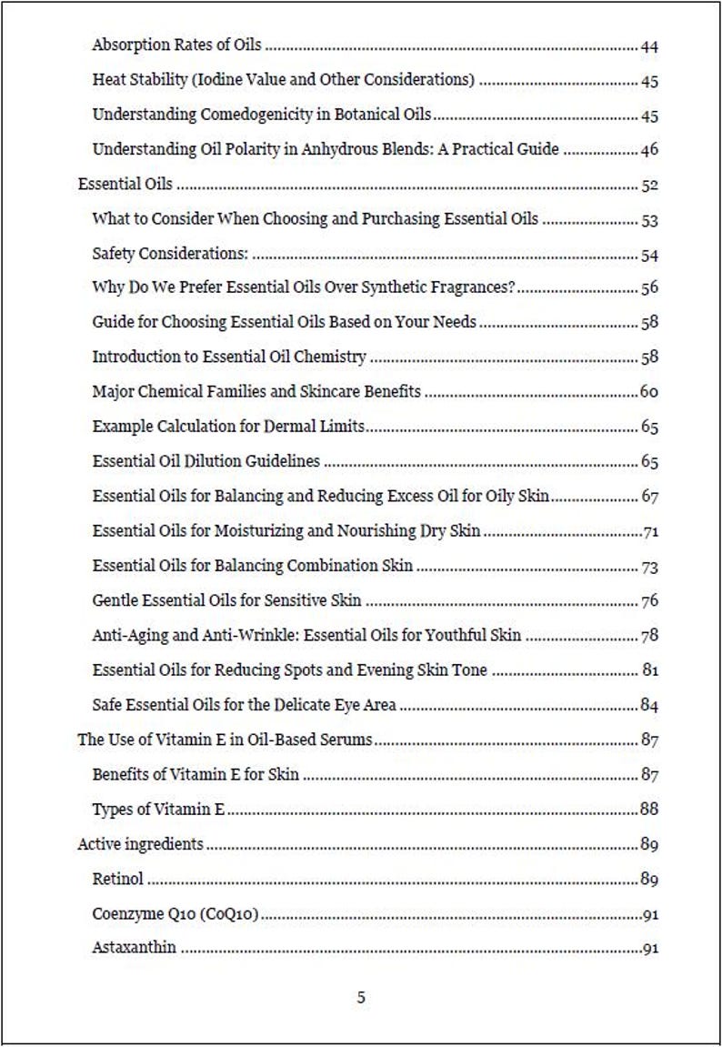 Table of Contents page from the Science-Backed Facial Oil Serums eBook, listing topics such as safety considerations, natural oils, fatty acids, skin types and formulation tips.