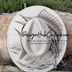 Marlin Wide Brim Hat: Laser Engraved Vegan Suede - Custom Burned Detail