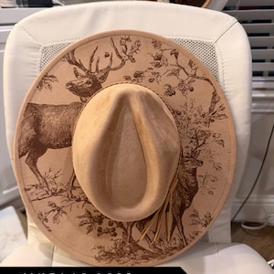 Wide Brim Hat: Laser Engraved Vegan Suede - Vintage Deer Design