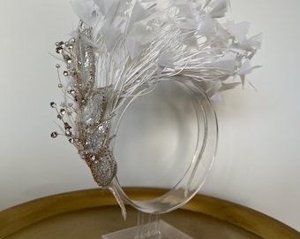 Bridal white  Fascinator Headband, Feather Headpiece
