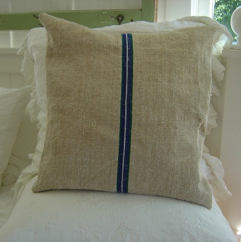 Vintage Grain Sack Pillow Cover European Hemp Blue Stripe image 2