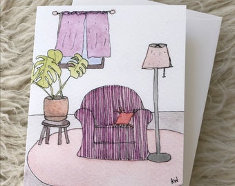 Boho Watercolor Greeting Card with Envelope Striped Chair