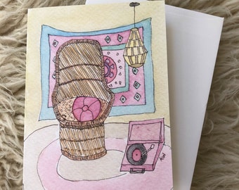 Boho Watercolor Greeting Card with Envelope Chair and Record Player