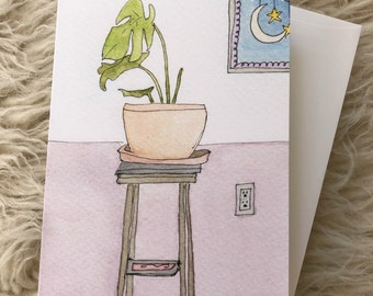 Boho Watercolor Greeting Card with Envelope Plant on Stool