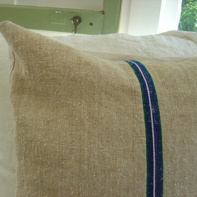 Vintage Grain Sack Pillow Cover European Hemp Blue Stripe image 1