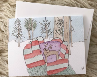 Holiday Winter Watercolor Greeting Card with Envelope Mittens