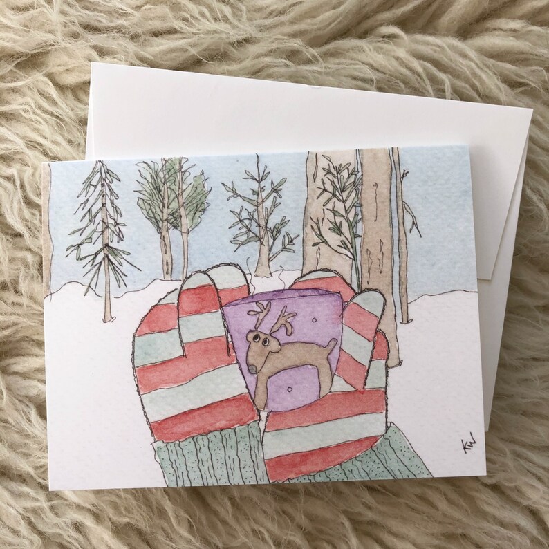 Holiday Winter Watercolor Greeting Card with Envelope Mittens zdjęcie 1