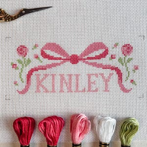 Custom Name Needlepoint Canvas with Bow & Roses – Hand-Painted on 18 Mesh