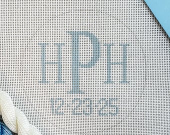 Custom Monogram and Date Needlepoint Canvas  – Choose Initials & Color – Hand-Painted on 18 Mesh