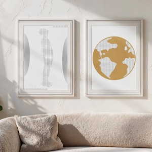 Mensch & Welt - Minimalistisches Poster-Set | Typografie + Abstrakte Erdkarte | Moderne Wandkunst