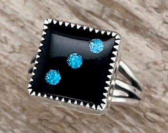 Onyx Kingman Turquoise Dice Ring Size 8 Statement Jewelry Genuine Gambler Gift for Her Gift for Him