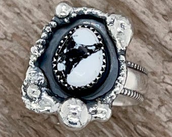 White Buffalo Turquoise Ring: Sterling Silver Molten Border, Size 8
