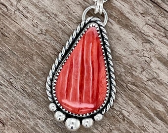 Red Spiny Oyster Sterling Silver Necklace: Teardrop Shell Pendant
