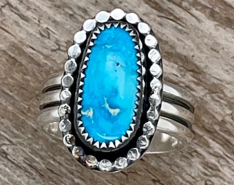 Blue Ridge Turquoise Ring Size 8 Sterling Silver Bright Blue Oval Stone Jewelry December Birthstone Southwest Gift for Her