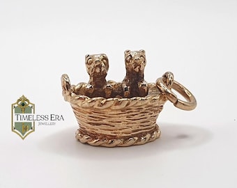 Colgante vintage de oro de 9 quilates con forma de cachorro en cesta / Birmingham, Inglaterra, 1978 / Regalo para amantes de los cachorros