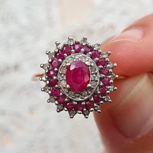 Vintage 9ct Gold Ruby and Diamond Cluster Ring | UK Size O 1/2, US Size 7 1/2 | Circa 1980s-90s | Cocktail Statement Ring
