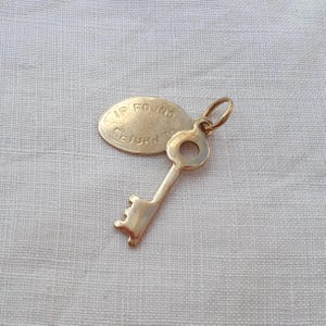 Może przedstawiać: Złoty metalowy wisiorek w kształcie klucza przymocowany do owalnej zawieszki. Na zawieszce wytłoczono napis IF FOUND RETURN TO. Klucz posiada okrągłe oczko oraz ząbkowaną końcówkę. Całość stanowi jeden spójny metalowy element dekoracyjny.