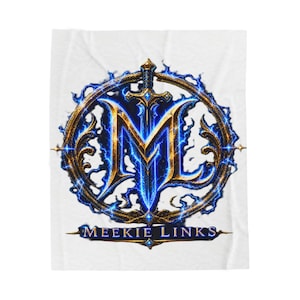 May include: White blanket with a circular design. The design features a blue and gold letter "M" and a sword, surrounded by a blue lightning effect. The text "MEEKIE LINKS" is at the bottom.