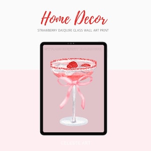 Strawberry Daiquiri Wall Art – roze aquarel cocktailprint, decor barwagen, digitale keukenposter, instant download