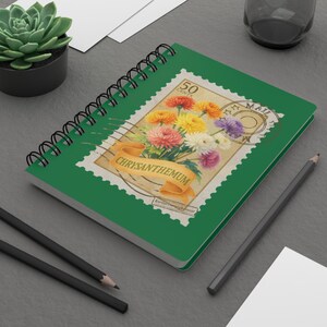 Journal en spirale avec timbre fleur de chrysanthème, cadeau pour les amoureux de la nature, notes réfléchies, journal de jardinage, papeterie florale, inspiration vintage
