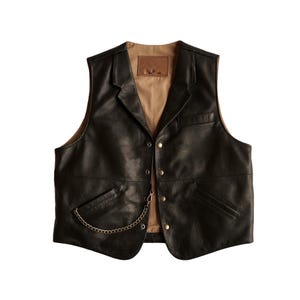 Men&#39;s Classic Black Leather Waistcoat – Western Style Biker Vest with Chain Detail & Notch Collar Men Leather Vest