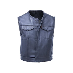 Men’s Black Leather Biker Vest – Club Style Motorcycle Vest with Concealed Carry Pockets – Sleeveless Riding Jacket