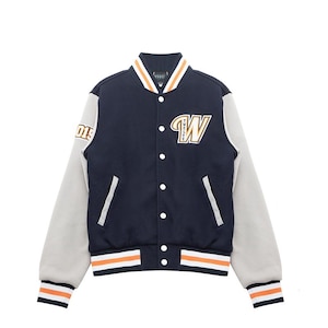 Premium Varsity Jacket with Blue Wool Body Original Leather Sleeves Yellow White and Blue Ribbing and Embroidered Front and Sleeves Jacket
