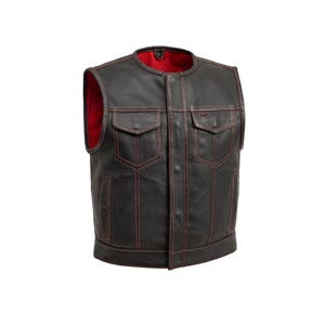 Men&#39;s Black Leather Motorcycle Vest – Club Style Biker Vest with Red Stitching & Perforated Detail, Concealed Carry Pockets