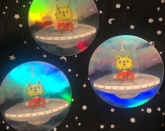 UFO Sticker, Alien Sticker, Sci Fi Sticker, Cat Sticker, Holographic Sticker