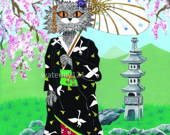 Kimono Kitty Art Print, Japanese Cat Illustration, Neko Wall Art
