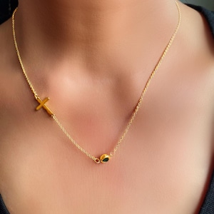 Sideways cross necklace with birthstone, Gold Cross Necklace, Personalized Birthstone Necklace, ,Women Custom Necklace, Gift for Wife