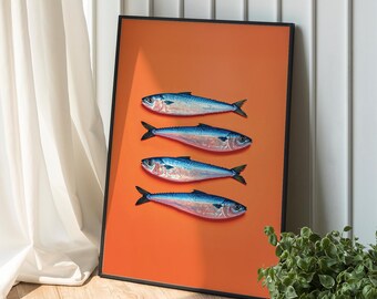 Sardiner Väggkonst – Digital oljemålning Fisktryck, Klarorange Köksinredning, Fet A1, A2, A3, Konstnedladdning, Retro Popmatsaffisch