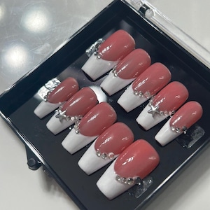 White french tip press on nails with gems