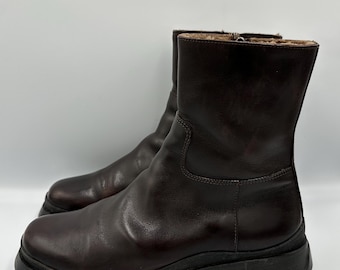 Prada Brown Chunky Sole Leather Combat Ankle Boots Shearling inside