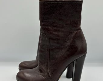 Prada Brown Leather Platform Ankle Boots with High Heel and Side Zip