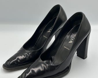 Prada Black Leather Square Toe Block Heel Pumps Made in Italy