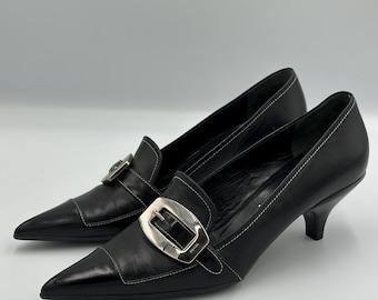 Prada Black Leather Pointed Toe Kitten Heel Pumps Logo