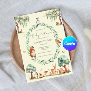 Woodland Baby Shower Invitation Template | Forest Animals Baby Shower Invite | Editable Canva Template | Instant Download