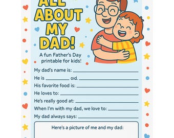 Stampabile per la festa del papà / Questionario "Tutto su mio padre" per bambini / Regalo per la festa del papà da parte di un bambino / PDF scaricabile immediatamente