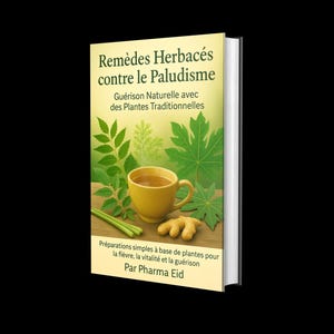 Pode incluir: Um livro intitulado "Remèdes Herbacés contre le Paludisme". A capa apresenta uma chávena amarela, gengibre e folhas verdes. O subtítulo é "Guérison Naturelle avec des Plantes Traditionnelles".