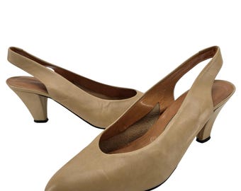 Vintage Maria Luisa Slingback Pumps 37 Tan Leather Pointed Toe Cone Heel Spain