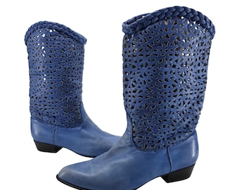 Vintage Steve Fleming Boots Blue Leather Cowboy Perforated Mid Calf Western 7