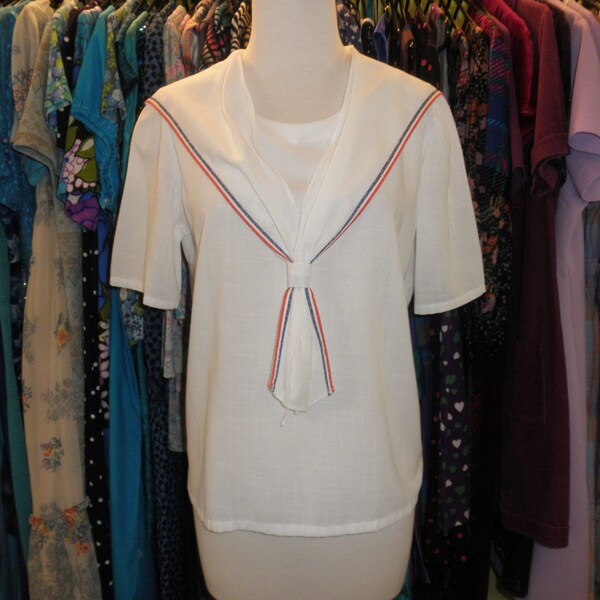 Vintage sailor shirt 80s does 20s classic sailor flapper style white collared shirt size large