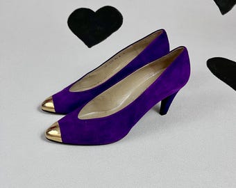Scarpe con tacco a spillo in pelle scamosciata viola anni '80, sexy, con punta in metallo, con tacco alto, stiletto, da ballo, da rocker, taglia 10 M US