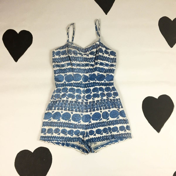 50's 60's blue floral sun suit 1950's romper beach swim one piece pinup bathingsuit / blue / cotton / halter / bustier / shirred / romper M