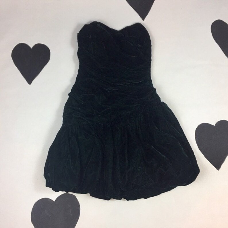 80/'s dark green crushed soft velvet strapless party prom dress 1980/'s sweetheart bustier ruched goth bubble origami holiday dress M L 28 w