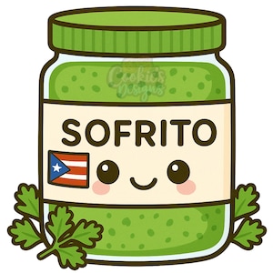 May include: A cartoon illustration of a jar of sofrito with a smiling face and the text "SOFRITO". The jar has a green lid and is filled with green sofrito. A Puerto Rican flag is on the label, and green parsley is at the bottom.