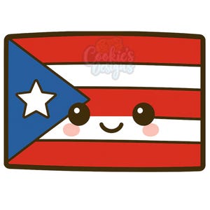 May include: A cartoon illustration of the Puerto Rican flag with a smiling face. The flag features a blue triangle with a white star, and alternating red and white stripes. The text "Cookie's Designs" is in the upper right corner.